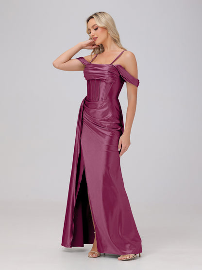 Off the Shoulder Straps Bodice Zip Back Bridesmaid Dresses with Slit