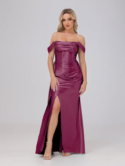 Off the Shoulder Straps Bodice Zip Back Bridesmaid Dresses with Slit