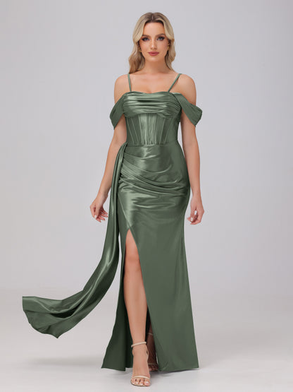 Off the Shoulder Straps Bodice Zip Back Bridesmaid Dresses with Slit