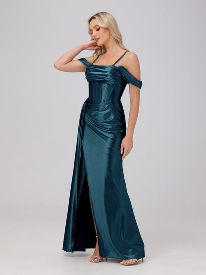 Off the Shoulder Straps Bodice Zip Back Bridesmaid Dresses with Slit