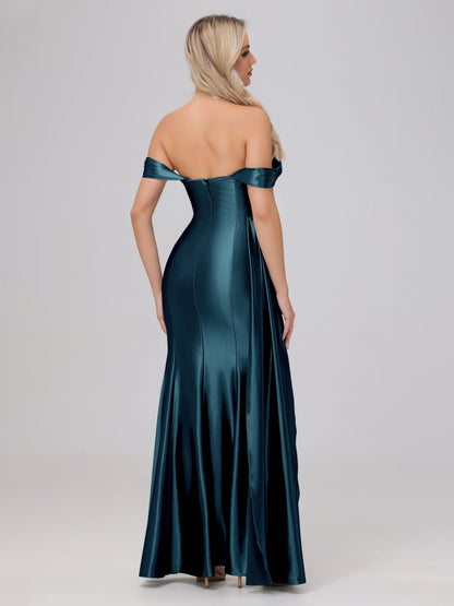 Off the Shoulder Straps Bodice Zip Back Bridesmaid Dresses with Slit