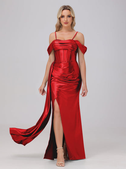 Off the Shoulder Straps Bodice Zip Back Bridesmaid Dresses with Slit