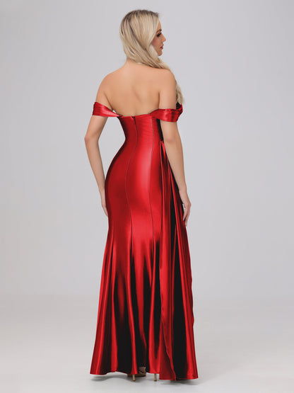 Off the Shoulder Straps Bodice Zip Back Bridesmaid Dresses with Slit