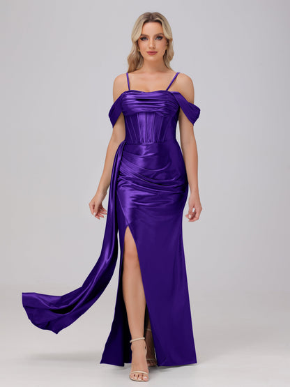 Off the Shoulder Straps Bodice Zip Back Bridesmaid Dresses with Slit