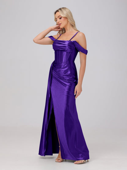 Off the Shoulder Straps Bodice Zip Back Bridesmaid Dresses with Slit