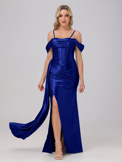 Off the Shoulder Straps Bodice Zip Back Bridesmaid Dresses with Slit
