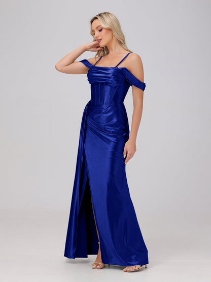 Off the Shoulder Straps Bodice Zip Back Bridesmaid Dresses with Slit