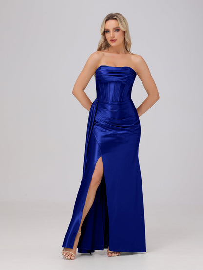 Off the Shoulder Straps Bodice Zip Back Bridesmaid Dresses with Slit