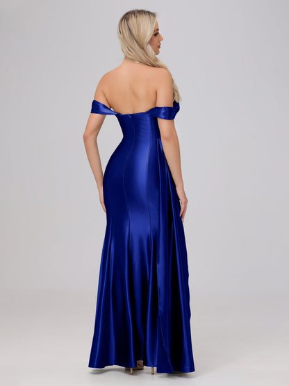 Off the Shoulder Straps Bodice Zip Back Bridesmaid Dresses with Slit