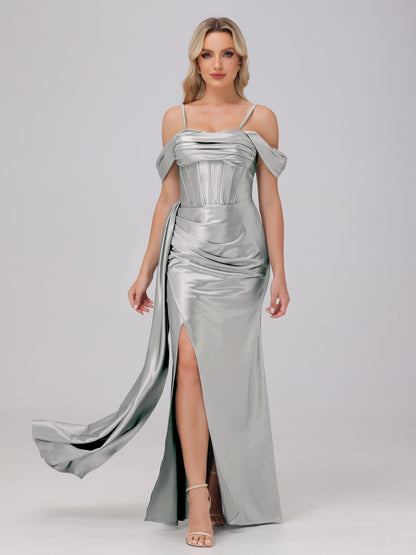 Off the Shoulder Straps Bodice Zip Back Bridesmaid Dresses with Slit
