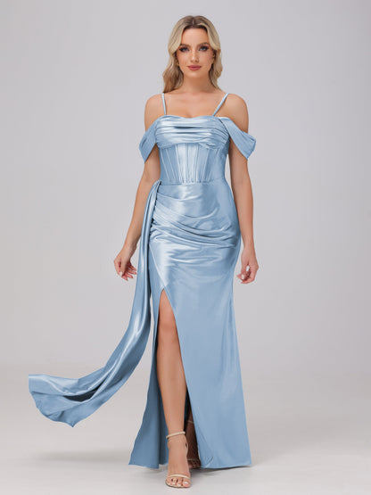 Off the Shoulder Straps Bodice Zip Back Bridesmaid Dresses with Slit