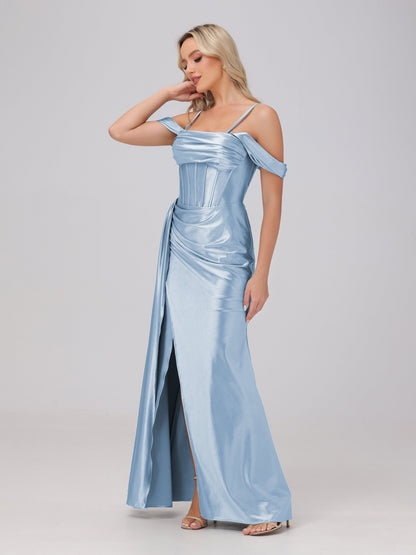 Off the Shoulder Straps Bodice Zip Back Bridesmaid Dresses with Slit