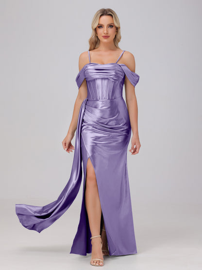 Off the Shoulder Straps Bodice Zip Back Bridesmaid Dresses with Slit