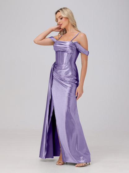 Off the Shoulder Straps Bodice Zip Back Bridesmaid Dresses with Slit