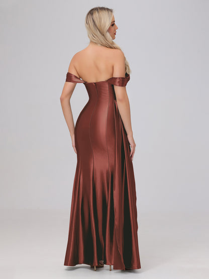 Off the Shoulder Straps Bodice Zip Back Bridesmaid Dresses with Slit