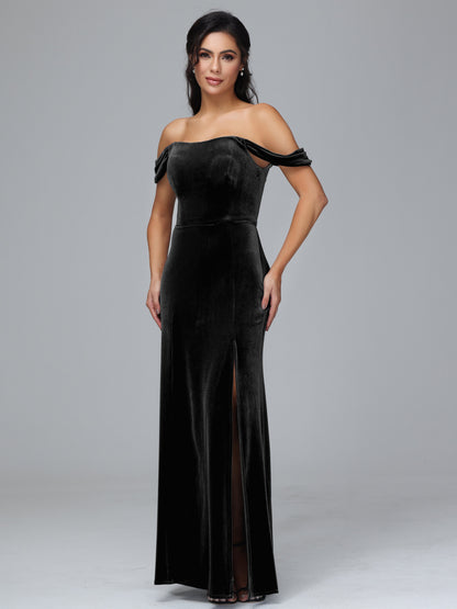 Off Shoulder Plus Size Velvet Bridesmaid Dress With Slit
