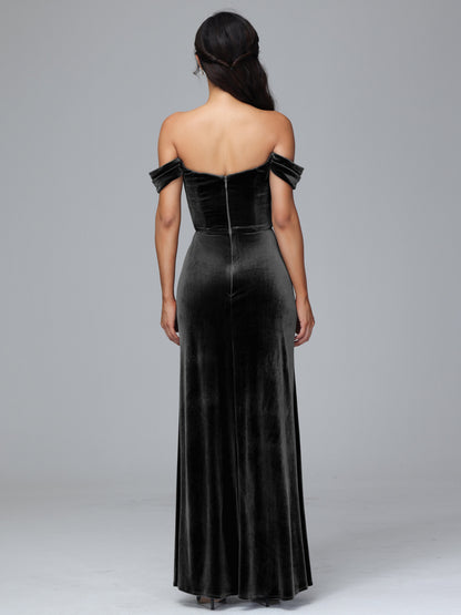 Off Shoulder Plus Size Velvet Bridesmaid Dress With Slit
