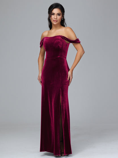 Off Shoulder Plus Size Velvet Bridesmaid Dress With Slit