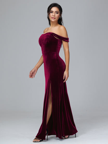 Off Shoulder Plus Size Velvet Bridesmaid Dress With Slit