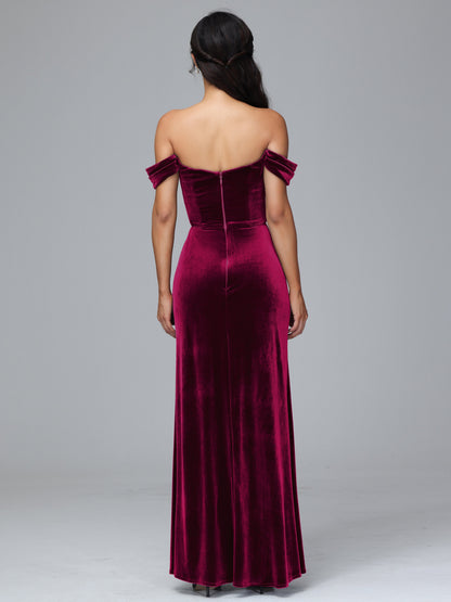 Off Shoulder Plus Size Velvet Bridesmaid Dress With Slit