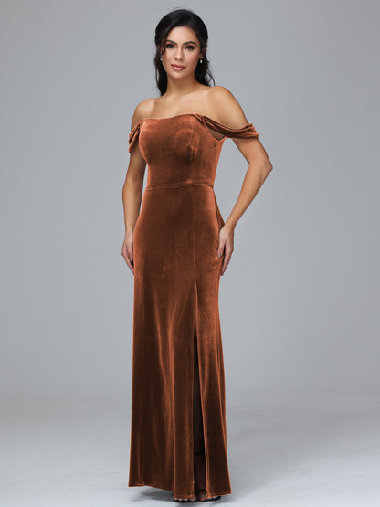 Off Shoulder Plus Size Velvet Bridesmaid Dress With Slit