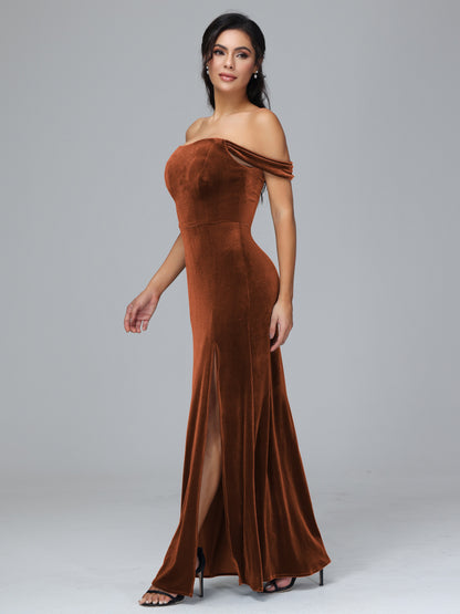 Off Shoulder Plus Size Velvet Bridesmaid Dress With Slit