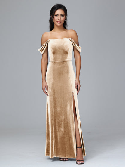Off Shoulder Plus Size Velvet Bridesmaid Dress With Slit