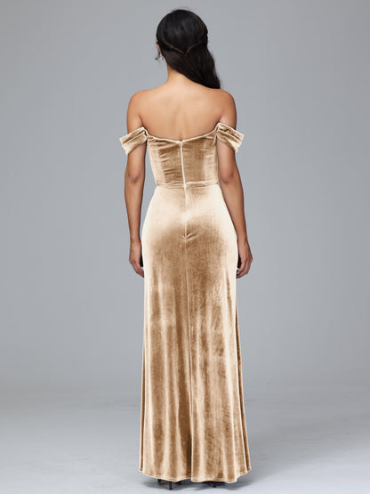 Off Shoulder Plus Size Velvet Bridesmaid Dress With Slit