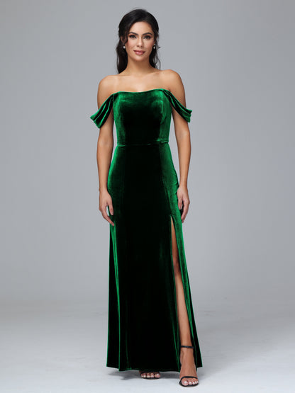 Off Shoulder Plus Size Velvet Bridesmaid Dress With Slit