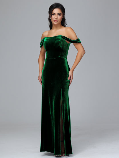 Off Shoulder Plus Size Velvet Bridesmaid Dress With Slit