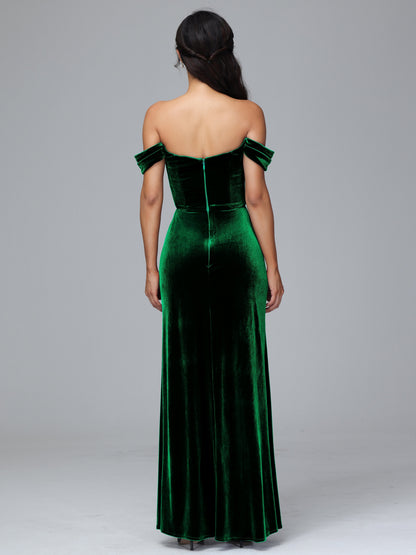 Off Shoulder Plus Size Velvet Bridesmaid Dress With Slit