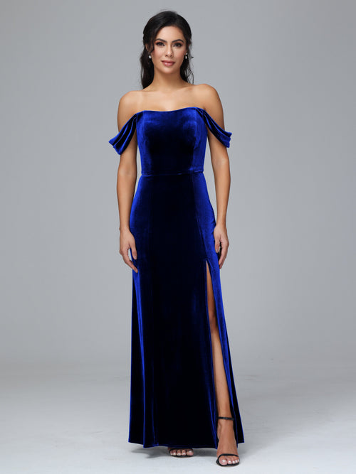 Off Shoulder Plus Size Velvet Bridesmaid Dress With Slit