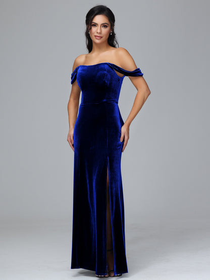 Off Shoulder Plus Size Velvet Bridesmaid Dress With Slit