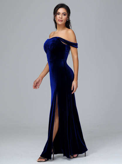 Off Shoulder Plus Size Velvet Bridesmaid Dress With Slit