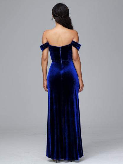 Off Shoulder Plus Size Velvet Bridesmaid Dress With Slit
