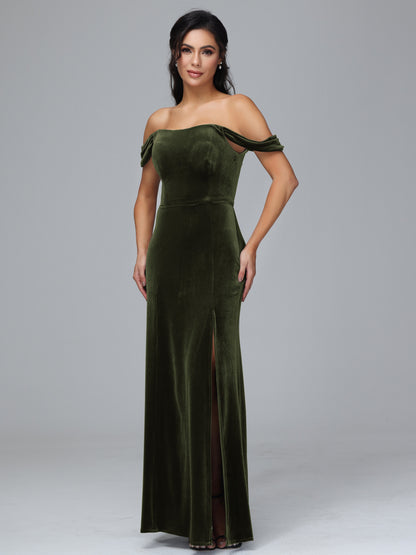 Off Shoulder Plus Size Velvet Bridesmaid Dress With Slit