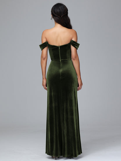 Off Shoulder Plus Size Velvet Bridesmaid Dress With Slit