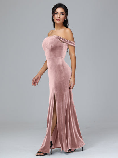 Off Shoulder Plus Size Velvet Bridesmaid Dress With Slit