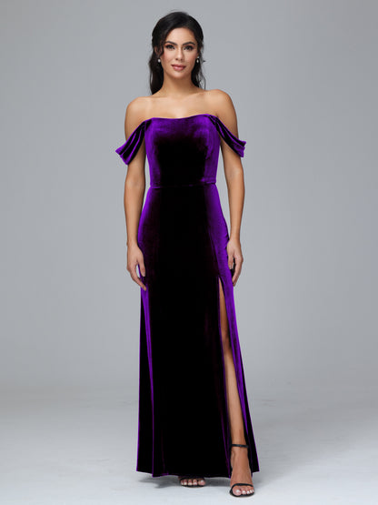 Off Shoulder Plus Size Velvet Bridesmaid Dress With Slit