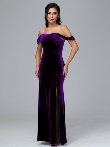 Off Shoulder Plus Size Velvet Bridesmaid Dress With Slit
