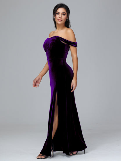 Off Shoulder Plus Size Velvet Bridesmaid Dress With Slit
