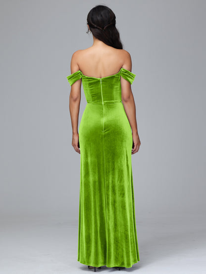 Off Shoulder Plus Size Velvet Bridesmaid Dress With Slit