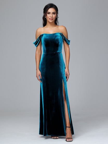 Off Shoulder Plus Size Velvet Bridesmaid Dress With Slit