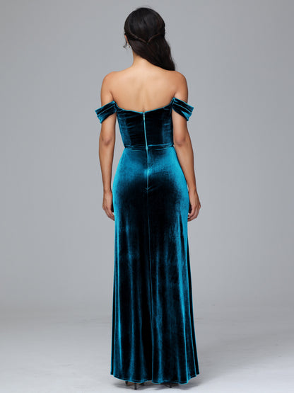 Off Shoulder Plus Size Velvet Bridesmaid Dress With Slit