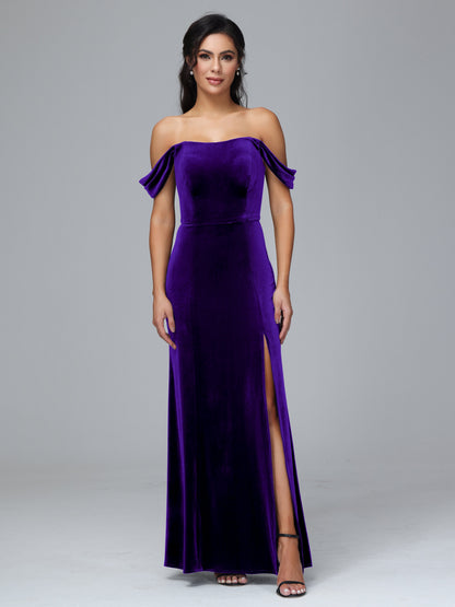 Off Shoulder Plus Size Velvet Bridesmaid Dress With Slit