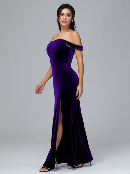 Off Shoulder Plus Size Velvet Bridesmaid Dress With Slit