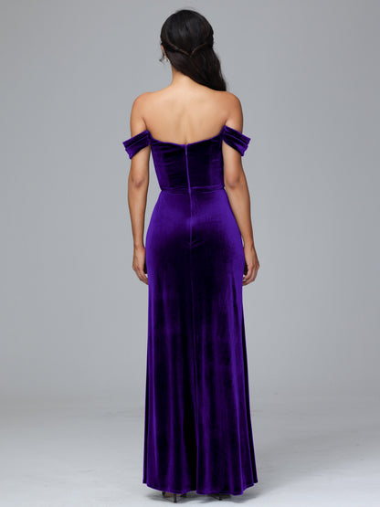Off Shoulder Plus Size Velvet Bridesmaid Dress With Slit