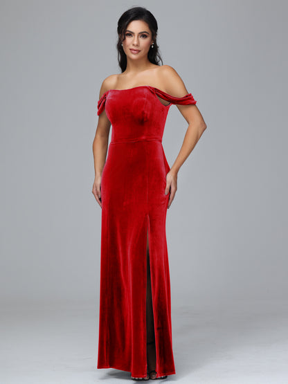 Off Shoulder Plus Size Velvet Bridesmaid Dress With Slit