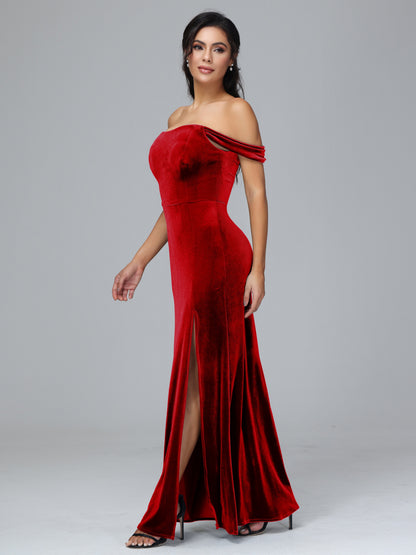 Off Shoulder Plus Size Velvet Bridesmaid Dress With Slit