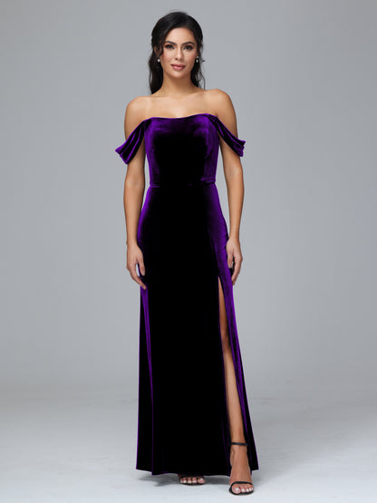 Off Shoulder Plus Size Velvet Bridesmaid Dress With Slit